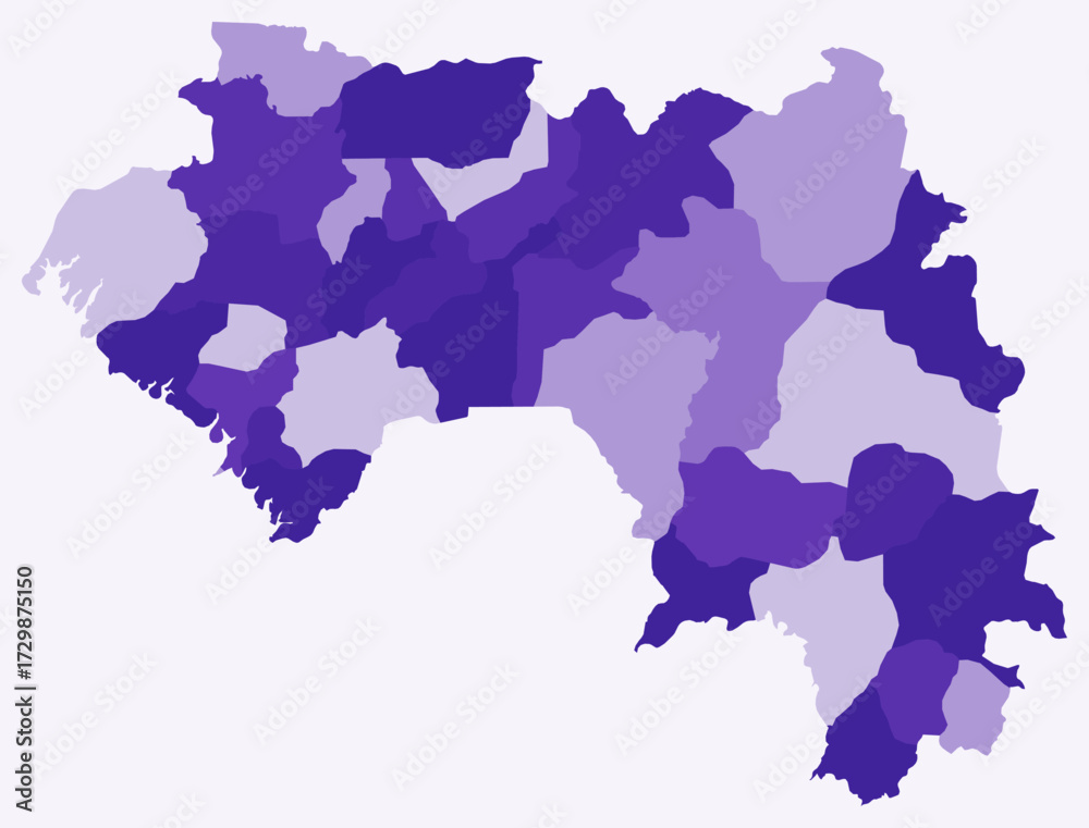 Obraz premium Map of Guinea with regions. Just a simple country border map with region division. Deep purple color palette. Flat Guinea shape with administrative division. Vector illustration.