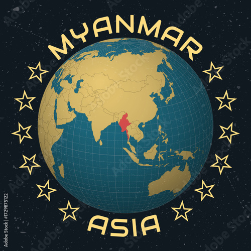 Republic of the Union of Myanmar on Globe. Country name round text. Vintage look with grunge scratched texture. Country view on world map in Sky Blue Light Yellow color palette. Myanmar shape on map.