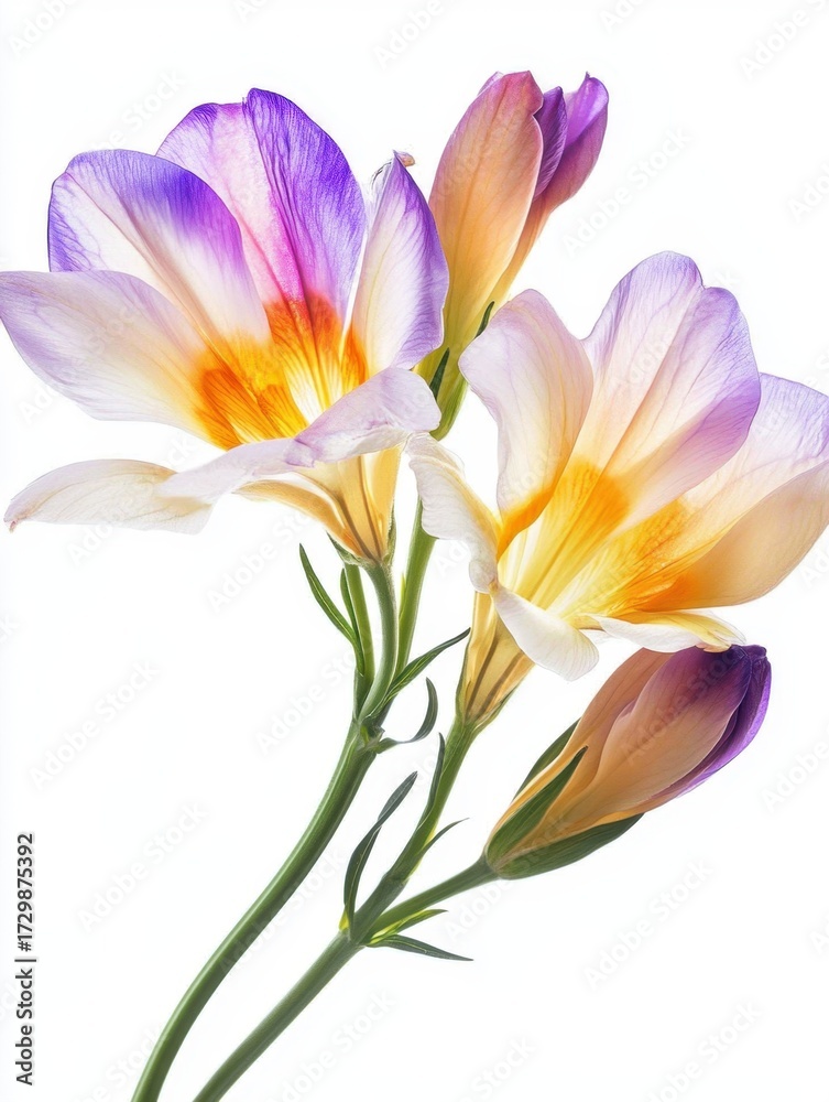 Naklejka premium Sticker, a unique expressive fresh freesia flower, romantic, magic, barocco style, unique and rare, tender and vibrant, white background