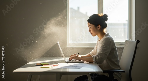 明るい日差しが窓から強く差し込みノートパソコンで作業に没頭する女性 舞い踊る埃の粒子が光を受けて美しく輝き室内を温かく満たす静かで生産的な瞬間. AI Generated