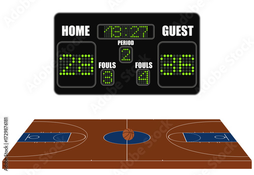 Basketball court with a scoreboard on white background. A score of a competition. Vector