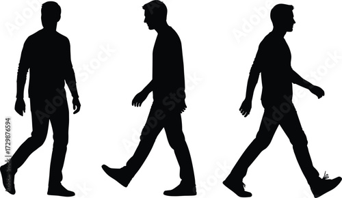 Silhouette walking man, human gait motion, black figure pose, casual male walk cycle, pedestrian movement, isolated person, step sequence illustration