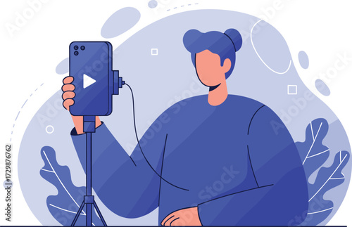 Person recording video with smartphone on tripod, social media influencer streaming content online, vector illustration