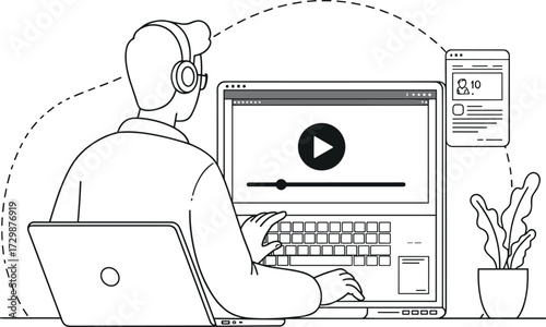 Person with headphones watching online video, e-learning, webinar, remote work and digital communication vector illustration