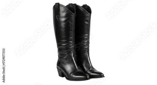 Pair of black leather knee high boots for fashion concepts isolated PNG with Transparent Background