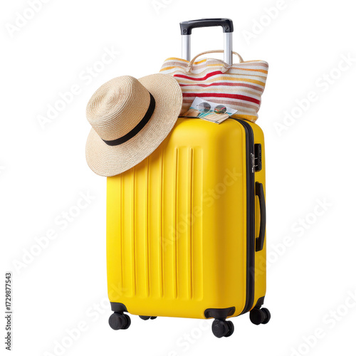 Prepare for summer adventures vibrant suitcase straw hat and seasonal flyers ready to go, isolated on transparent background