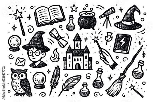 Whimsical doodle collection of magic items and symbols with wizard theme