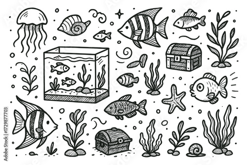 Hand-drawn aquarium scene with various fish and treasure chests