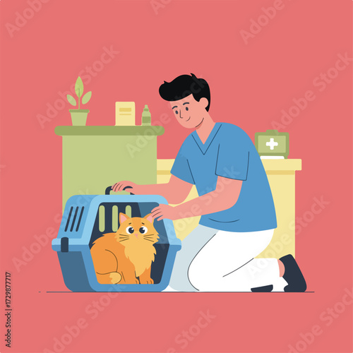 An illustration depicts a man kneeling next to a pet carrier with a fluffy orange cat inside, set against a coral background with medical supplies.