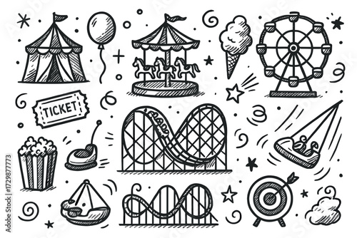 Hand-drawn amusement park icons with rides, popcorn, and carnival games