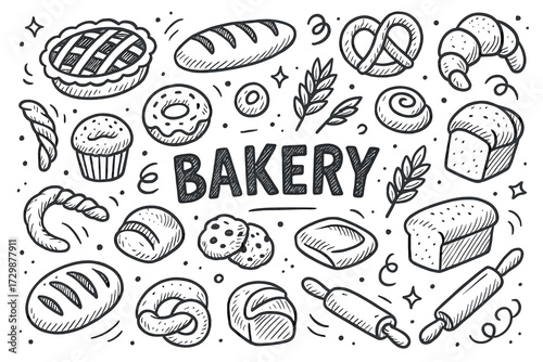 Hand-drawn bakery doodle set with bread, pastries, and desserts