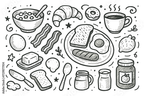 Hand-drawn breakfast foods: eggs, bacon, coffee, croissant, toast, and more