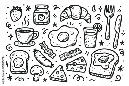 Doodle style breakfast foods: coffee, eggs, toast, cheese, bacon, fruit, juice