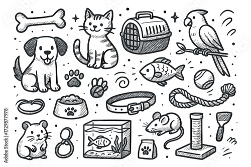 Hand-drawn pet doodles: dogs, cats, parrot, fish, and accessories