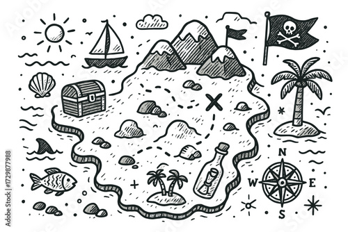 Hand-drawn treasure map with pirate elements and nautical symbols
