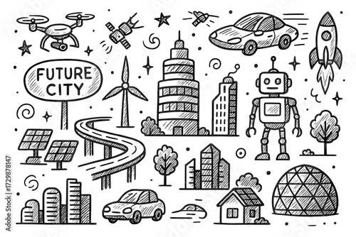 Futuristic cityscape doodle with robot, drone, and solar panels illustrations