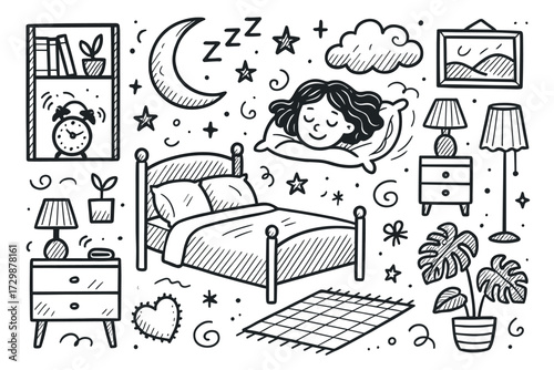 Cozy bedroom scene with young girl sleeping peacefully among stars and moon in black and white drawing