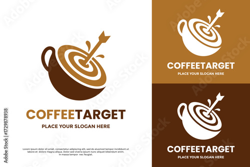 Coffee Target logo showing an arrow hitting the center of a target within a coffee cup. Great for cafes, coffee shops, and beverage brands focused on quality.