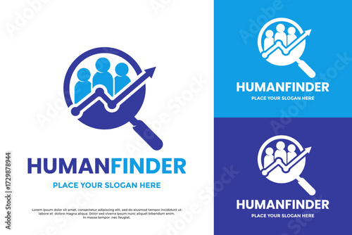 Human Finder logo with a magnifying glass over a group of people and a growth chart. Perfect for recruitment agencies, HR departments, and talent search firms.