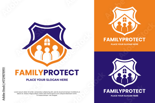 Family Protect logo featuring a family inside a shield and house shape. Excellent for insurance companies, home security services, and family welfare organizations.