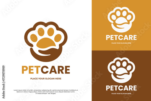 Pet Care logo showing a caring hand holding an animal paw print. Ideal for a veterinary clinic, pet shop, animal shelter, or grooming service.
