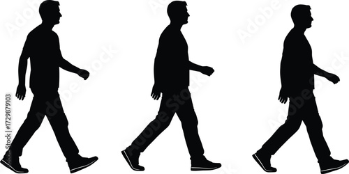 Walking silhouette sequence, human gait motion, black figure illustration, step by step movement, biomechanics concept, animation reference, fitness walking posture, isolated design