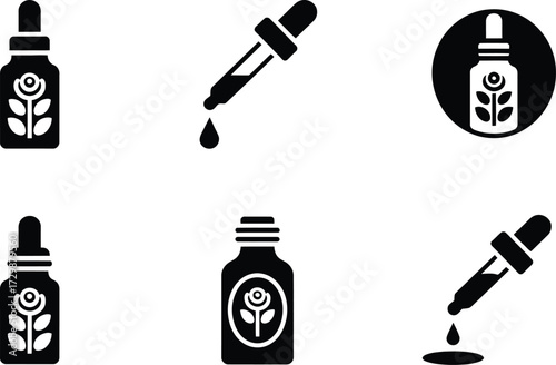 Dropper Bottles with Rose Icon and Droplets