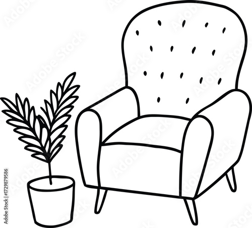 cozy armchair beside a small plant line art on transparent background