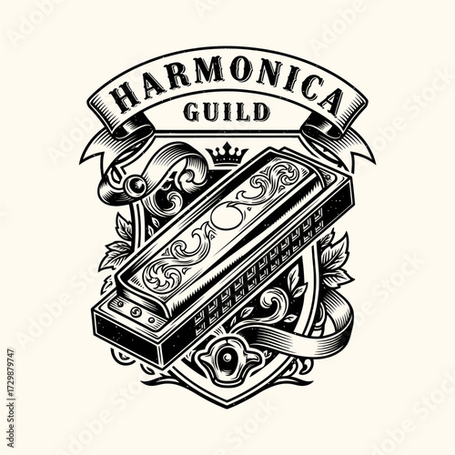 Harmonica Guild emblem with detailed harmonica and banner.