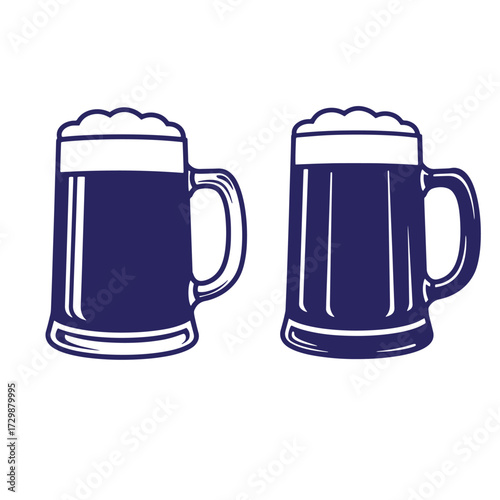 Two stylized beer mugs with foamy beer isolated on white background illustration