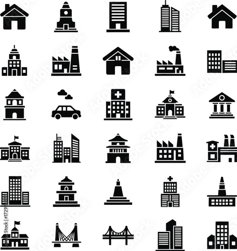 Collection of diverse building icons representing architecture and city structures