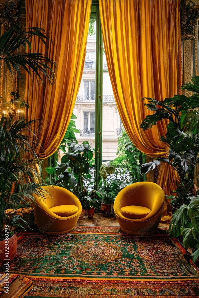 Fototapeta premium A sun-drenched interior showcasing lush greenery, vibrant yellow furnishings, and a patterned rug.
