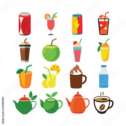 A set of different drink icons including coffee, tea, beer, cocktail, wine, juice, and water beverage symbols in vector illustration