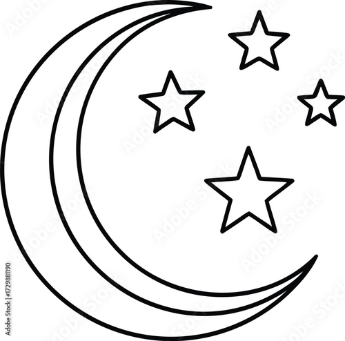 crescent moon with stars line art on transparent background