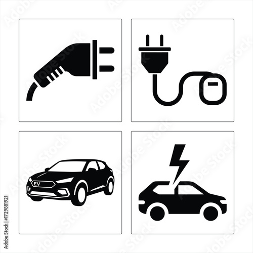 Electric Vehicle Charging Icons Set In Black And White Simple Vector Graphics