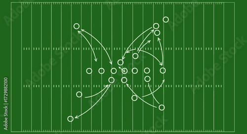 An intricate strategic diagram of an American football play is meticulously illustrated on a vibrant green NFL field, showcasing player movements and tactical formations.