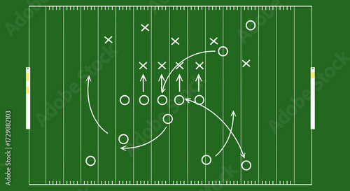 A dynamic American football play diagram, illustrating strategic offensive and defensive formations on a vibrant green field, is ideal for game analysis.
