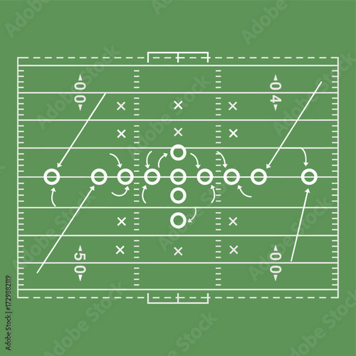 An intricate overhead diagram illustrates a strategic American gridiron play on a vibrant green turf, showcasing complex offensive and defensive formations for crucial match planning.