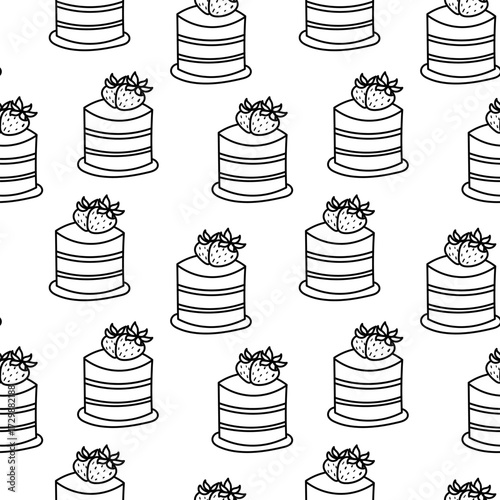 Seamless bakery pattern with layered cakes and strawberries
