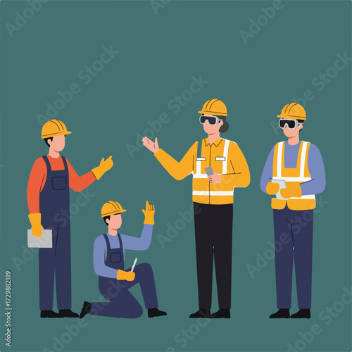 A group of four construction workers wearing hard hats, gloves, and safety gear stand in a group against a dark green background.