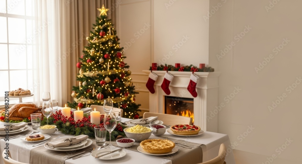 Obraz premium Celebrate a cozy Christmas dinner with family near a decorated tree and roaring fire at home