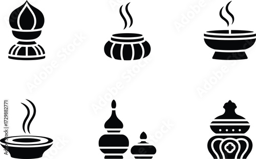 Collection of stylized icons representing incense burners and lamps