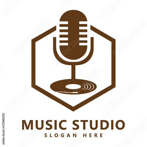 Music Studio Logo with Microphone, Vinyl Record Base, and Hexagon Frame – Brown Monochrome Audio Branding Design