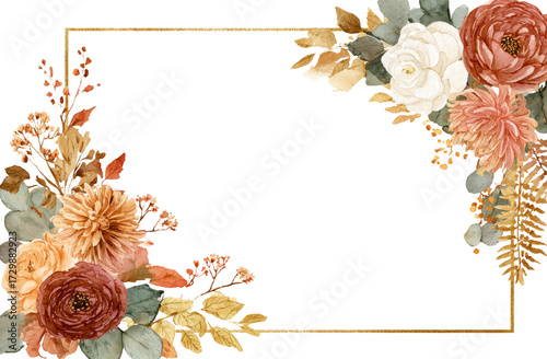 Elegant watercolor autumn floral frame with rustic flower for invitation