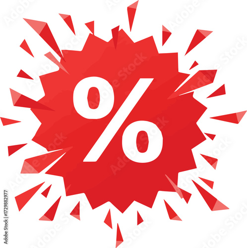 Vector illustration of a red discount sticker with an exploding starburst effect and a white percent symbol for big sales and promotions