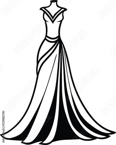 elegant gown with train line art on transparent background