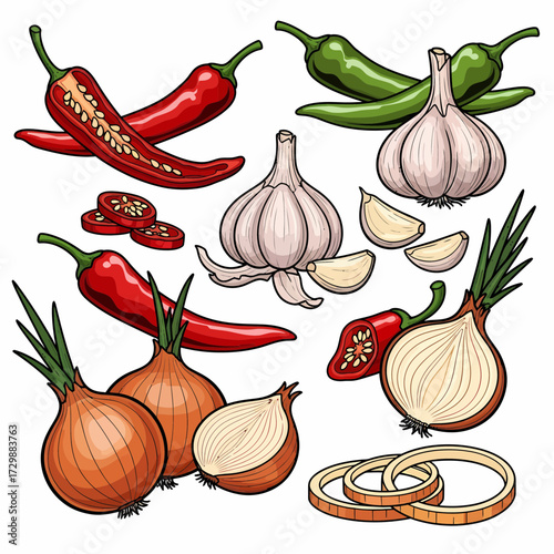 Assorted Culinary Vegetables Red Chili Green Jalapeno Garlic and Golden Onion Medley.