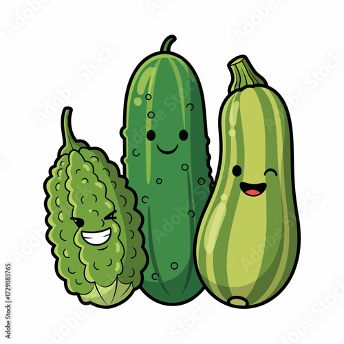 Cartoon Bitter Melon Cucumber and Zucchini Characters with Smiling Expressions.