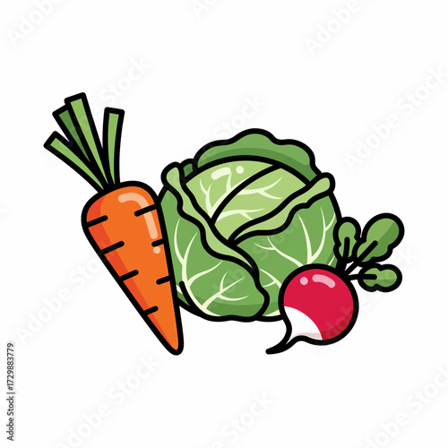 Cartoon Carrot Cabbage and Radish with Bold Outlines and Vibrant Colors.