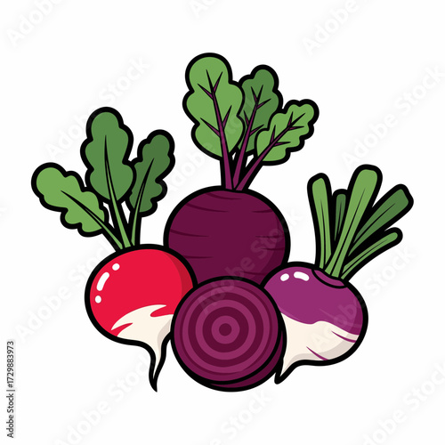 Cartoon Vegetables Beets Radish and Turnip with Bold Outlines and Vibrant Colors.